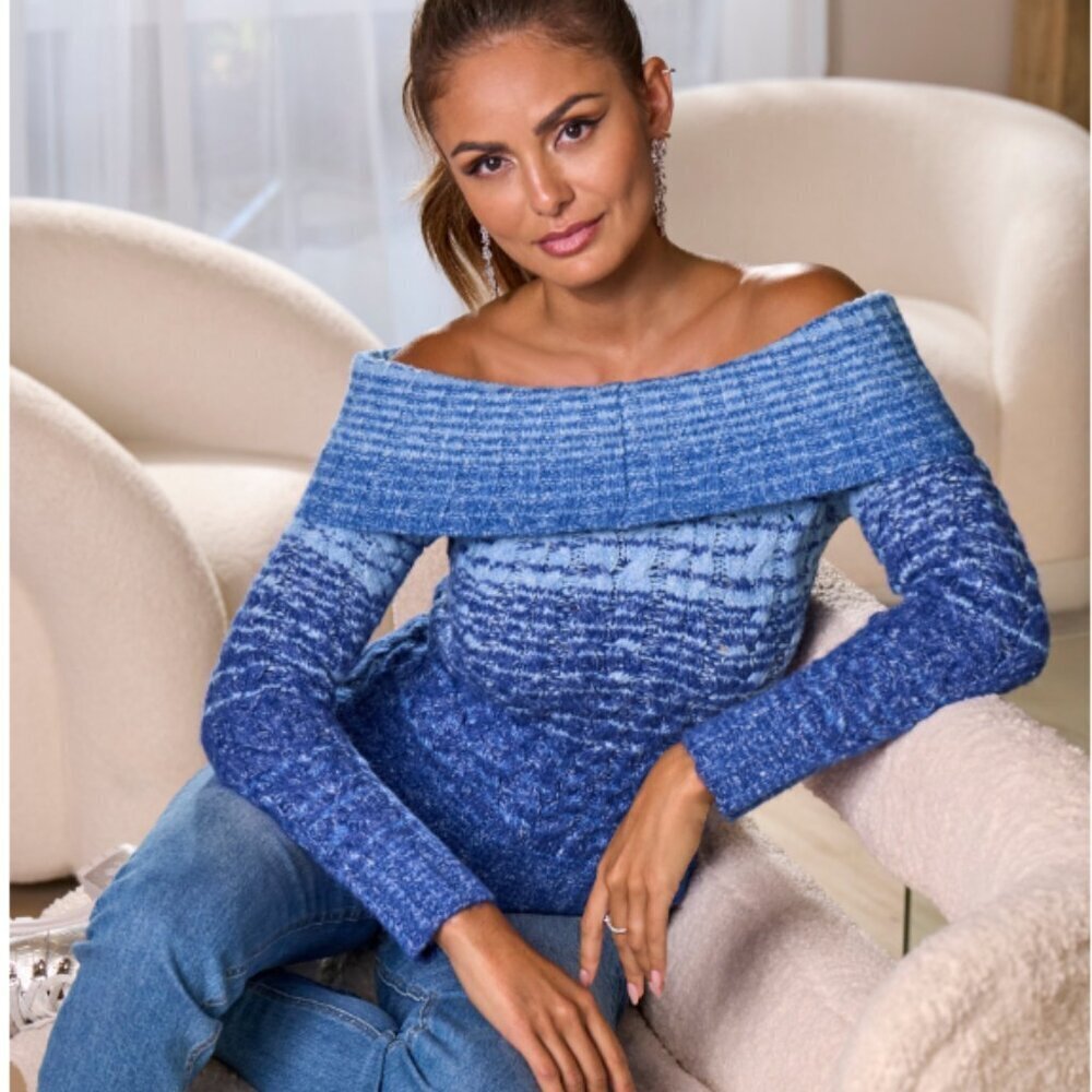 BOSTON PROPER Fold Over Marled Sweater Blue Cowl Neck Women's Large